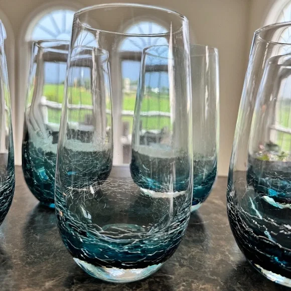 Pier 1 Teal Blue Crackle Glass Tumbler x8 17oz Glasses - Picture 2 of 2